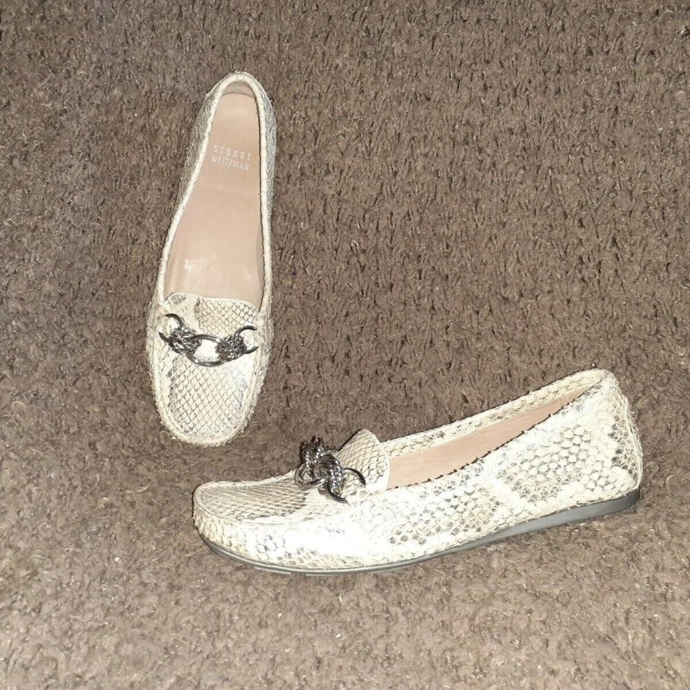 STUART WEITZMAN-Beige/Silver Snakeskin Leather Driving Loafers-Sz 6.5M-Excellent